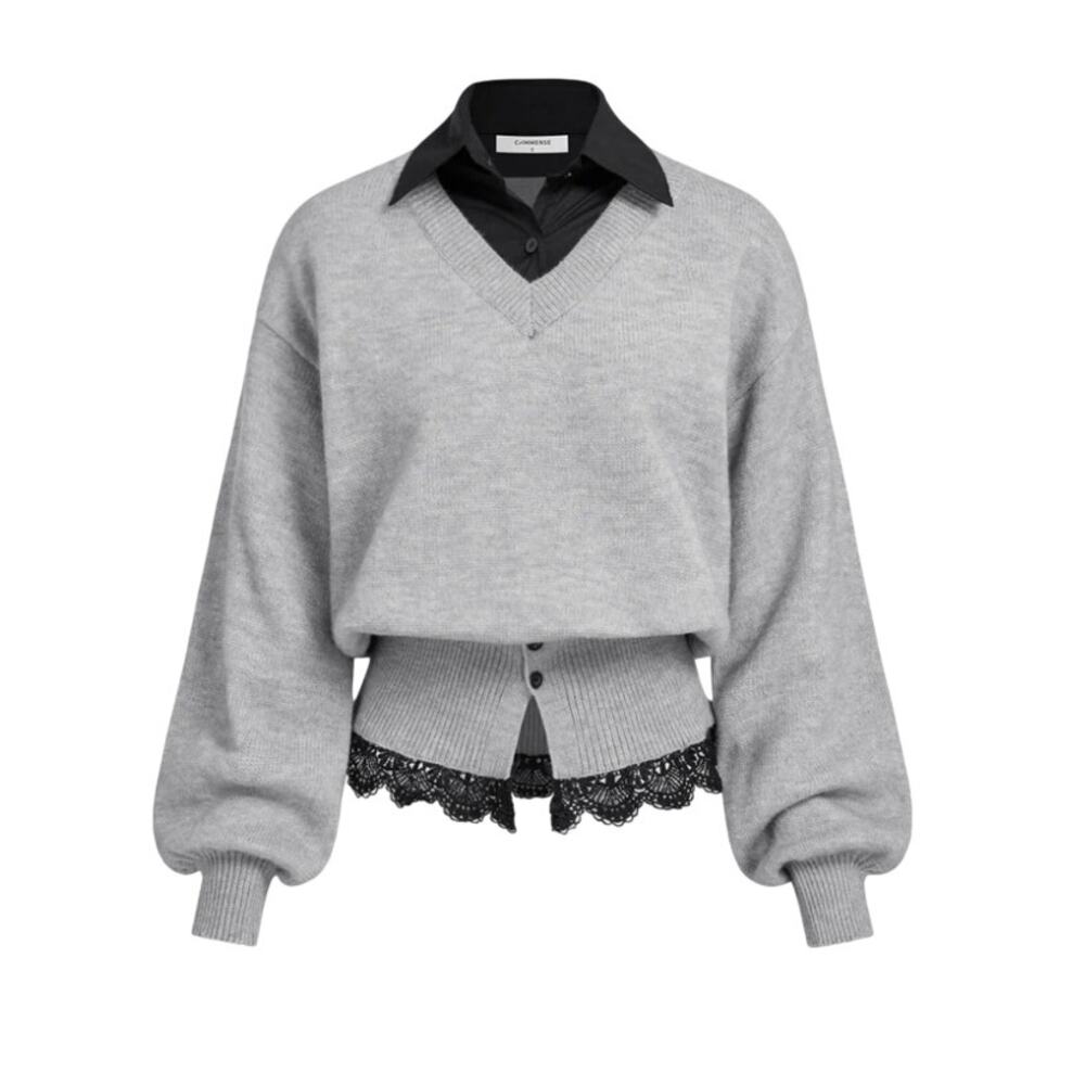 Commense Contrast Collar Lace Hem Sweater XL Gray Layered Knit NWT Chic Parisian